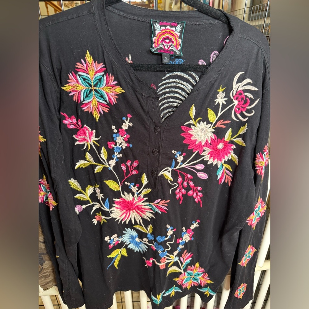 Johnny Was Floral Embroidered Black Tee